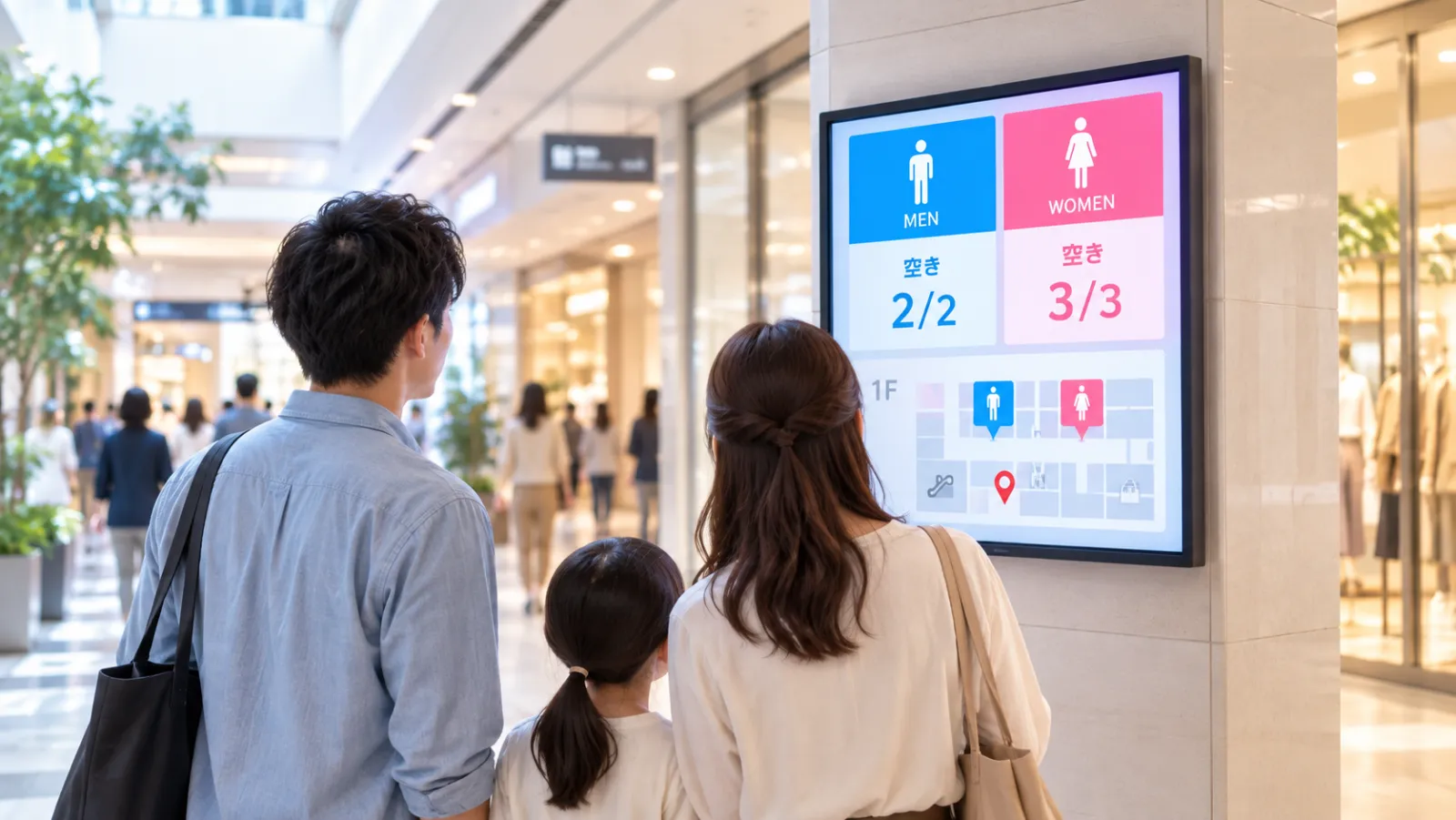 商業施設の通路で、家族がトイレの男女別の空き状況とフロア案内を表示するサイネージを見ているイメージ