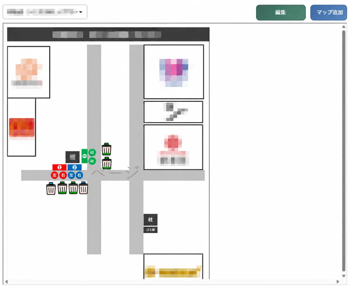 施設の図面上にゴミ箱のアイコンを配置したマップ画面