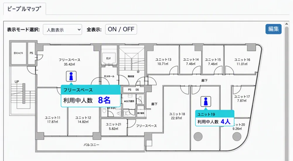フロアの図面上に、エリアごとの利用中人数を吹き出しで表示するピープルマップ画面