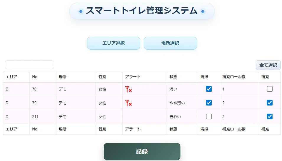 場所ごとの清掃状態と紙補充を記録する清掃記録画面